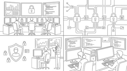 Fototapeta premium Cybersecurity and Network Data Protection Concept Illustration Set in Line Art Style