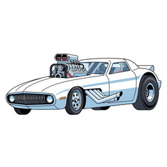 Fototapeta premium Cartoon White Racing Car with Powerful Engine, Vector Illustration