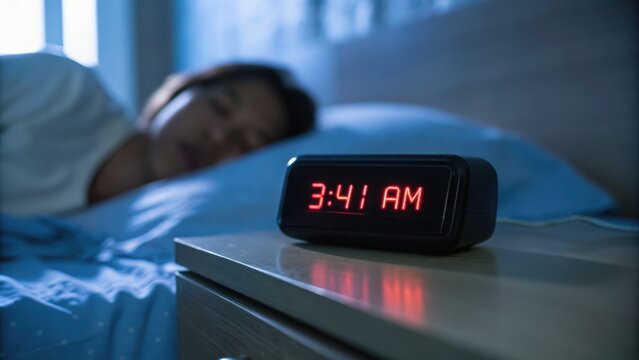 A person sleeps in bed at night with a digital alarm clock showing 3:41 AM on a bedside table.
