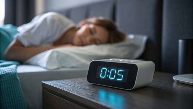 A woman sleeps peacefully in bed as an alarm clock shows 5 minutes past midnight on a bedside table in a calm, dimly lit bedroom.