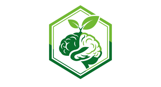 Green brain with leaves growing from it in a hexagon frame.