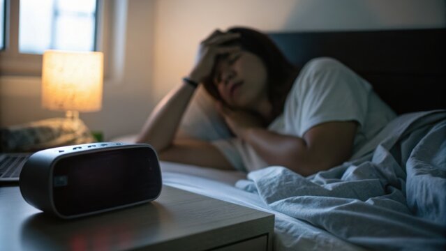 A woman lying in bed with her hand on her forehead, looking tired or stressed, next to an alarm clock on a bedside table in a dimly lit room.