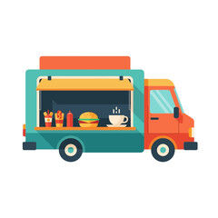 Fototapeta premium Colorful Food Truck Illustration with Burger, Coffee, and Fries