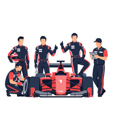 Obraz premium Formula racing crew and car illustration on white background