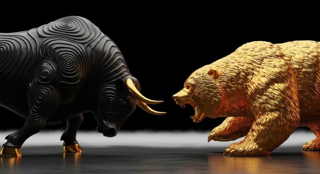 A fierce confrontation occurs between a bull and a bear on a dark stage.