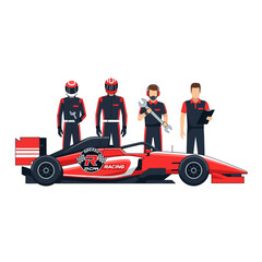 Obraz premium Formula racing crew and car illustration on white background