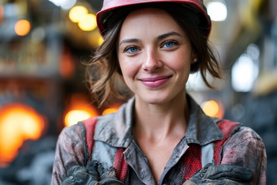 Closeup of cheerful female steel artisan. Portrait of smiling woman in work boots and protective gear. Energetic female metalworker in busy foundry with safety attire