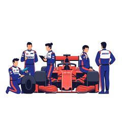 Obraz premium Formula racing crew inspecting race car, isolated