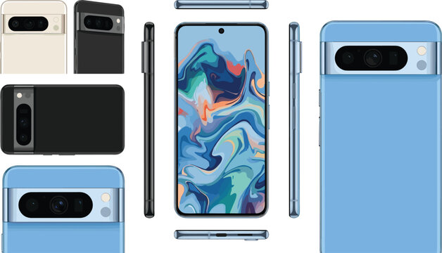 Modern Android Smartphone Vector Set with Triple Camera System Multiple Color Variations Front and Side View Mockups