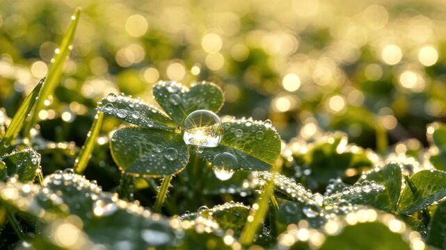Close-up Macro Shot of Dewdrops on a Clover Leaf with a Blurred Bokeh Background