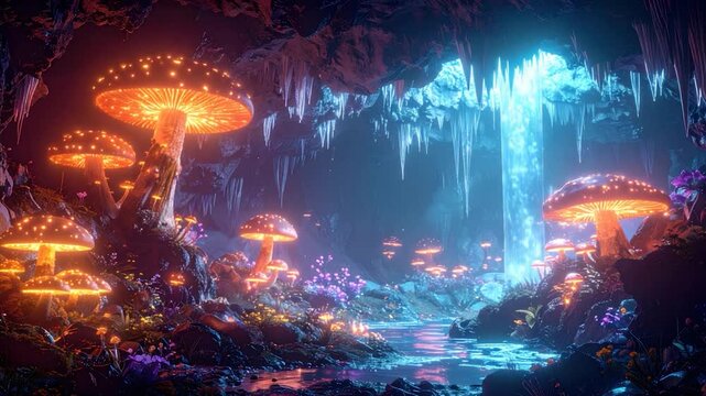 A surreal glowing mushroom cave with stream and cascading waterfall