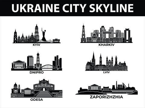 Ukraine city skylines set with Kyiv Kharkiv Odesa Dnipro Lviv Zaporizhzhia