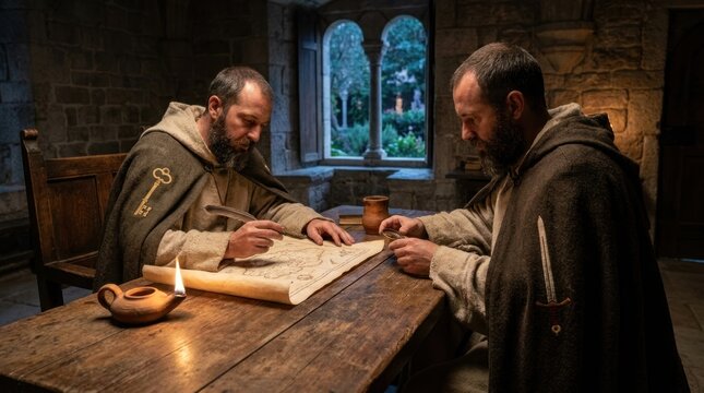 Saints Peter and Paul, two biblical apostles, studying an old parchment map with a quill pen and a compass in a medieval stone chamber illuminated by an oil lamp.