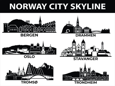 Black city skylines of Oslo Bergen Trondheim Stavanger Tromso Drammen
