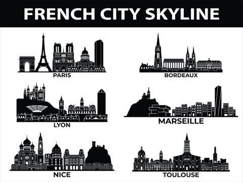 French city skyline vector illustrations of Paris, Bordeaux, Lyon, Marseille, Nice, and Toulouse