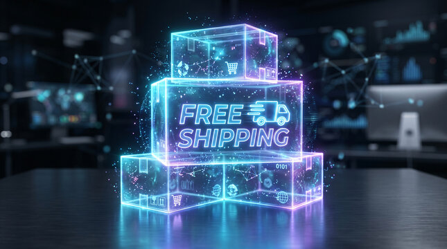 Neon hologram glows vividly above glowing boxes. Boxes stack neatly, radiating vibrant blue and purple light. FREE SHIPPING shines bold, inviting