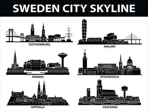 Black city skylines of Stockholm Gothenburg Malm&ouml; Uppsala V&auml;ster&aring;s &Ouml;rebro