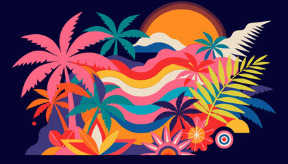 Obraz premium Very beautiful paper cut tropical island featuring layered palm leaves, sunset waves, exotic flowers, and glowing paradise atmosphere in stylish modern vector illustration style.