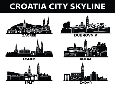 City skylines of Zagreb, Split, Dubrovnik, Rijeka, Zadar, Osijek