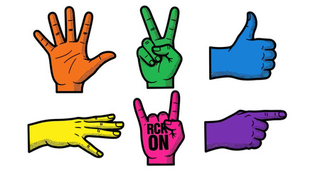 Fototapeta premium Colorful hands making various gestures on white background with rock on sign