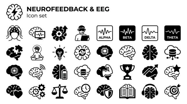 Neurofeedback EEG Brain Training Icon Set Neural Waves Cognitive Therapy NeuroTech Mental Performance Vector Illustration