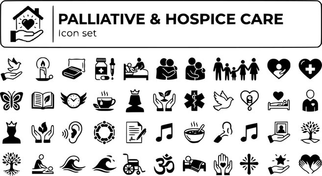 Palliative Hospice Care Icon Set End of Life Planning Comfort Care Pain Management Patient Dignity Family Support Vector Illustration