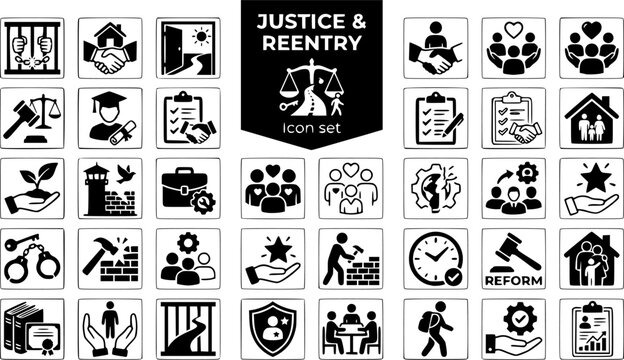 Prison Reform Reentry Justice Icon Set Criminal Justice Rehabilitation Parole Process Community Reintegration Policy Reform Vector Illustration