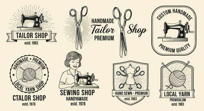 Vintage tailor shop logos and icons with sewing machines and tools on cream background