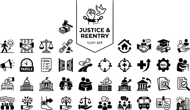 Prison Reform Reentry Justice Icon Set Criminal Justice Rehabilitation Parole Process Community Reintegration Policy Reform Vector Illustration