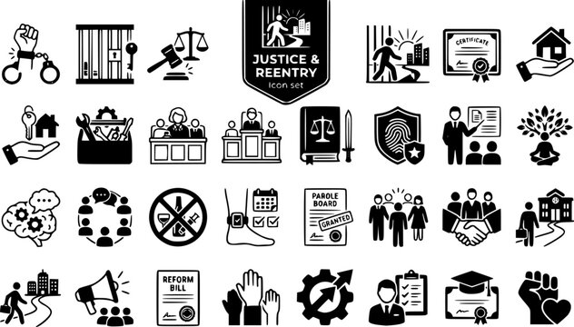 Prison Reform Reentry Justice Icon Set Criminal Justice Rehabilitation Parole Process Community Reintegration Policy Reform Vector Illustration