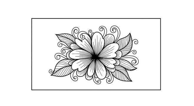 Hand-drawn floral doodle, black and white flower illustration with swirling leaves and petals, elegant botanical design
