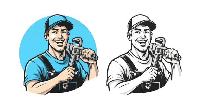 Two plumbers holding tools in workshop setting with equipment