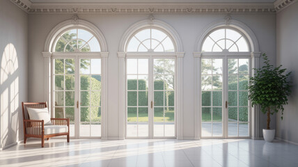 Fototapeta premium Bright elegant sunlit living room with arched windows and minimalist furniture design