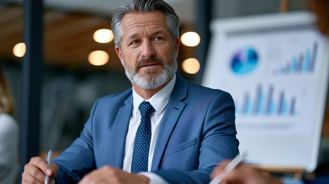 Senior CISO presenting a corporate cyber risk quantification report to an insurance underwriting panel in a formal meeting suite, actuarial risk matrices displayed on an easel, pens moving across un