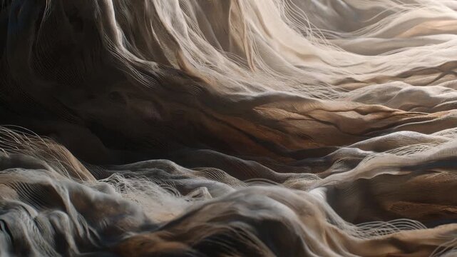 Abstract flowing fabric-like textures in soft earthy tones on a neutral background, concept of organic motion and fluidity