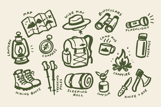 Camping Gear Set Doodle Sketch Vector Illustration