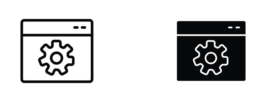 Minimalist browser settings icons, web browser window with gear symbol vector, software configuration and website management interface elements