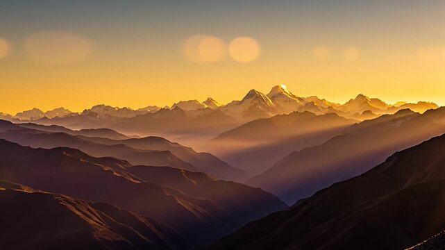 Majestic mountain range under a golden sky during sunset or sunrise