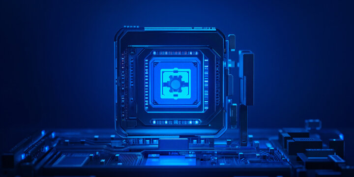 Cyberpunk Supercomputer Core Glowing Bright Blue on Dark Blue Background