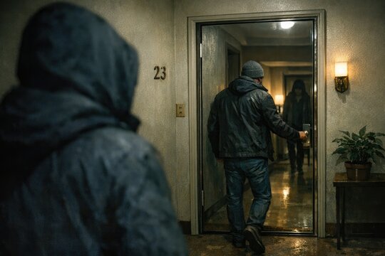 A person in a hooded jacket enters a building, possibly for covert or secret purposes
