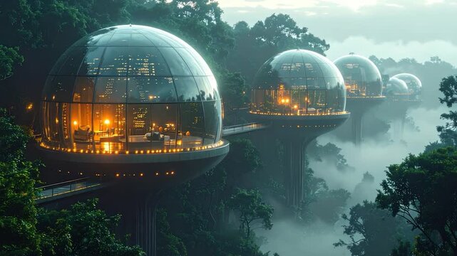 Futuristic orbs with warm lights, floating amongst dense green forest and mist