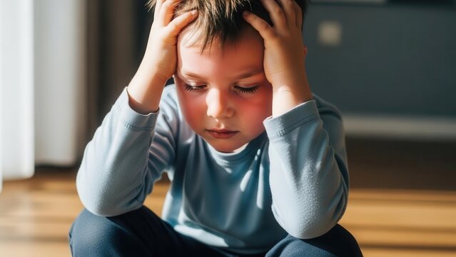 A young boy with flushed cheeks sits on the floor, holding his head in his hands, appearing distressed and sad.