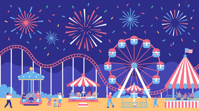 Colorful carnival, amusement park, fairground rides, fireworks display, nighttime fun