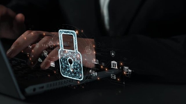 Cybersecurity protection system showing password encryption, fingerprint ID, cloud security, email, credit card, and database lock for secure data access Marrow