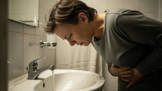 Woman suffering from stomach pain and nausea in a bathroom, leaning over the sink.