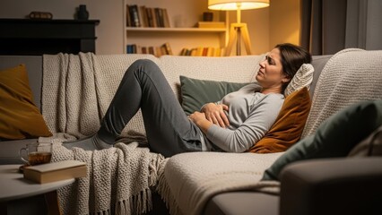 Obraz premium Woman lying on a sofa at home, experiencing stomach pain or discomfort in a dimly lit living room.