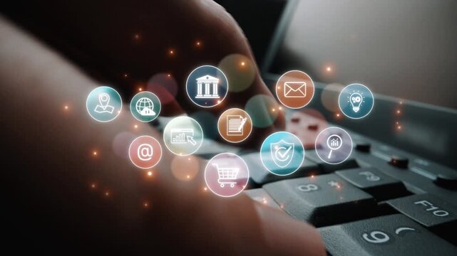 Set of business and digital service icons representing finance, cloud, analytics, email, communication, ecommerce, cybersecurity, and global connectivity in a modern ecosystem Marrow