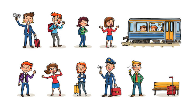 Train Station Characters: A collection of diverse cartoon characters, including travelers with luggage, a conductor, and a railway carriage, depicted in a vibrant scene at a train station.