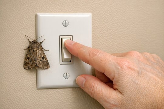 A moth perches on a light switch
