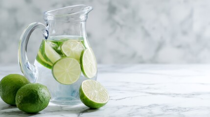 Fototapeta premium Water filter jug with fresh lime on light marble kitchen table closeup. Clean hydration, healthy lifestyle, modern kitchen interior and purified drinking water concept with copy space.